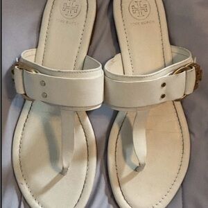 Tory Burch Cream Leather Thong Sandals with Gold Accent